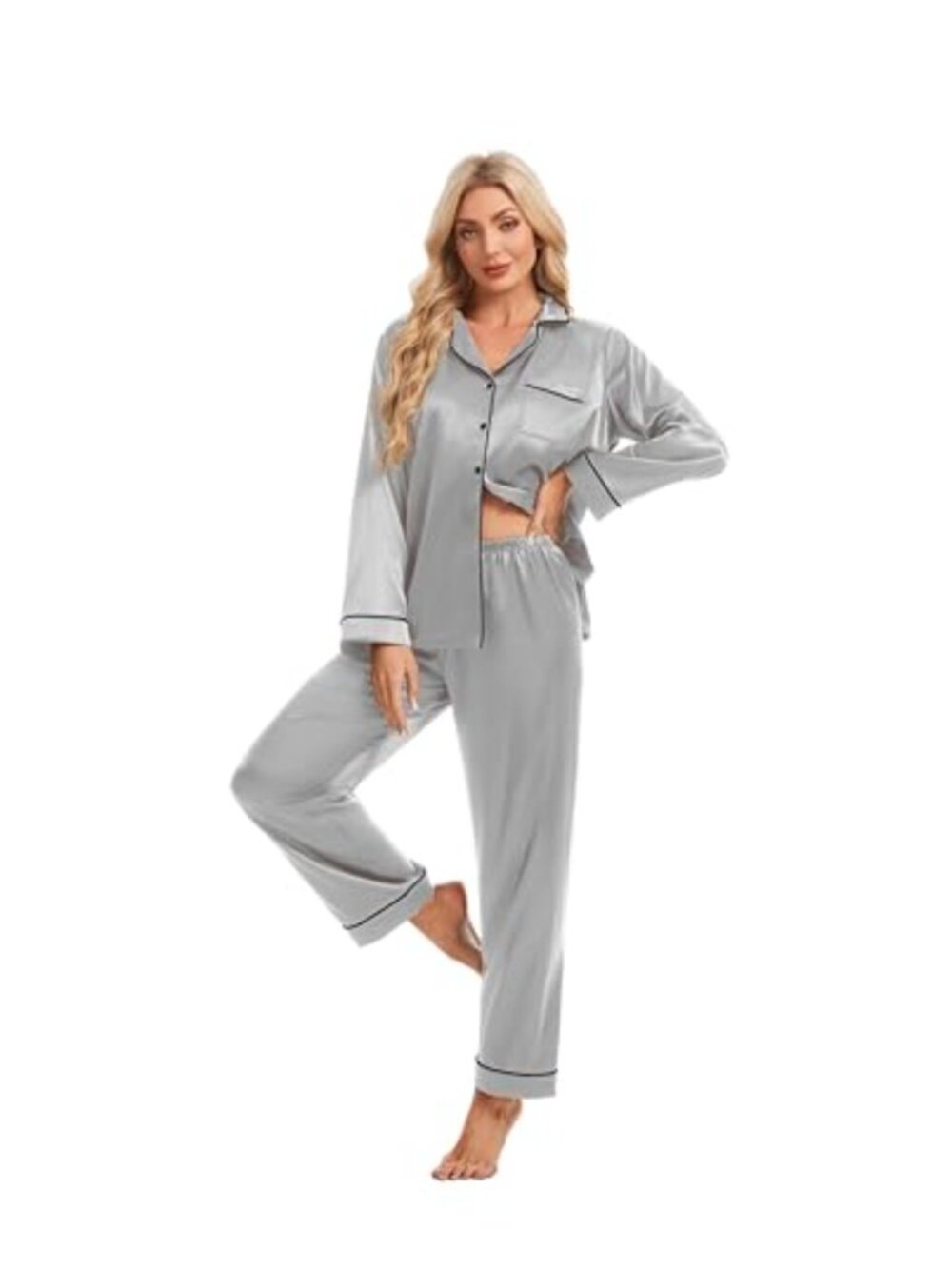 Womens Satin Pajama Set Long Sleeve Button Down 2 Piece Sleepwear Lounge